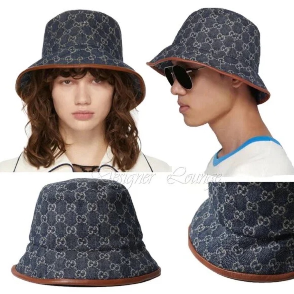 (Unisex) Gucci Bucket Hat Blue Denim Beige GG Monogram Logo Leather Trim Size L
